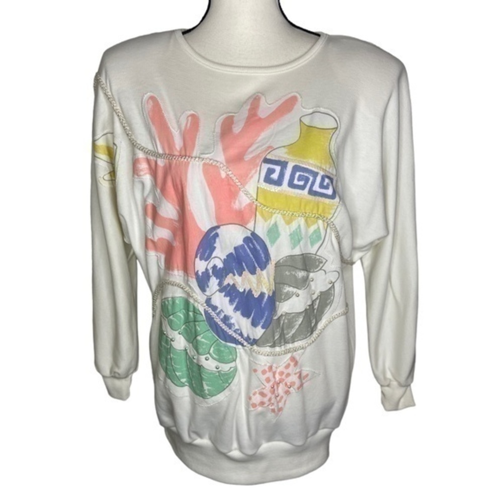 Adolfo Sport Vintage 80s Top White‎ Ocean Appliqué Graphic Sweatshirt Top Size S